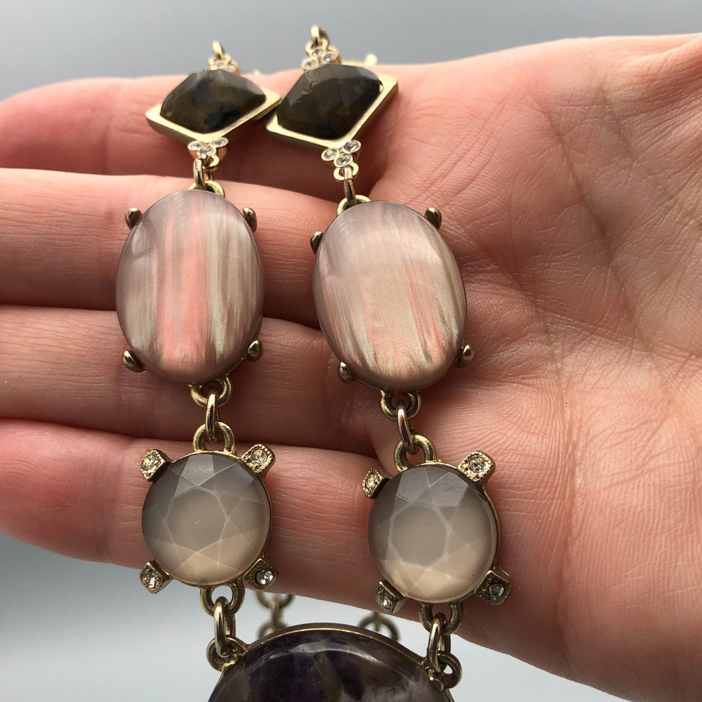 Amethyst Necklace Chunky Faceted Purple Stone Pink Chatoyant Resin Cabochons 30" - Picture 5 of 10